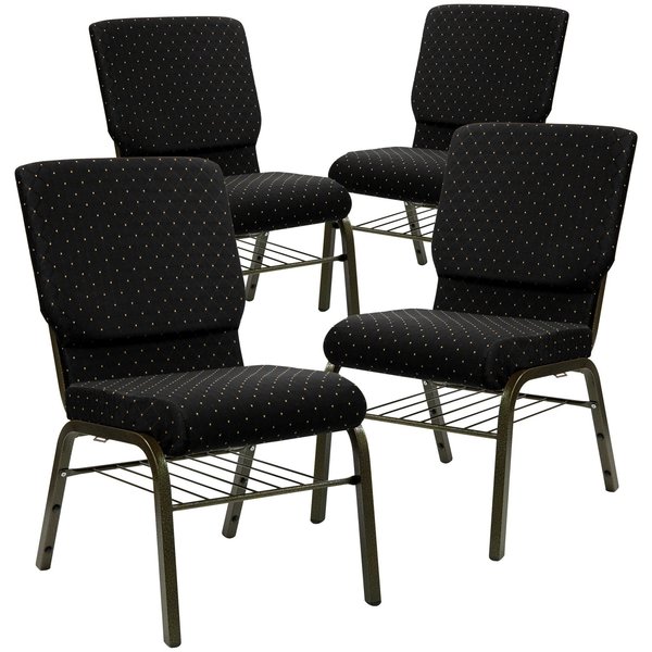 Flash Furniture 18.5"W Black Dot Fabric Church Chair w/Book Rack, 4PK 4-XU-CH-60096-BK-BAS-GG